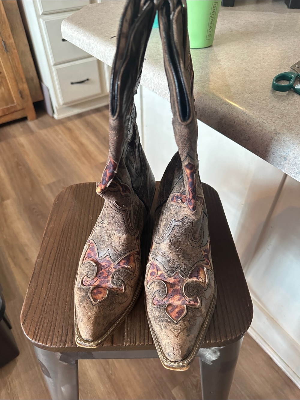 Brown Western Pointed-Toe Women's Boots with Decorative Inlay